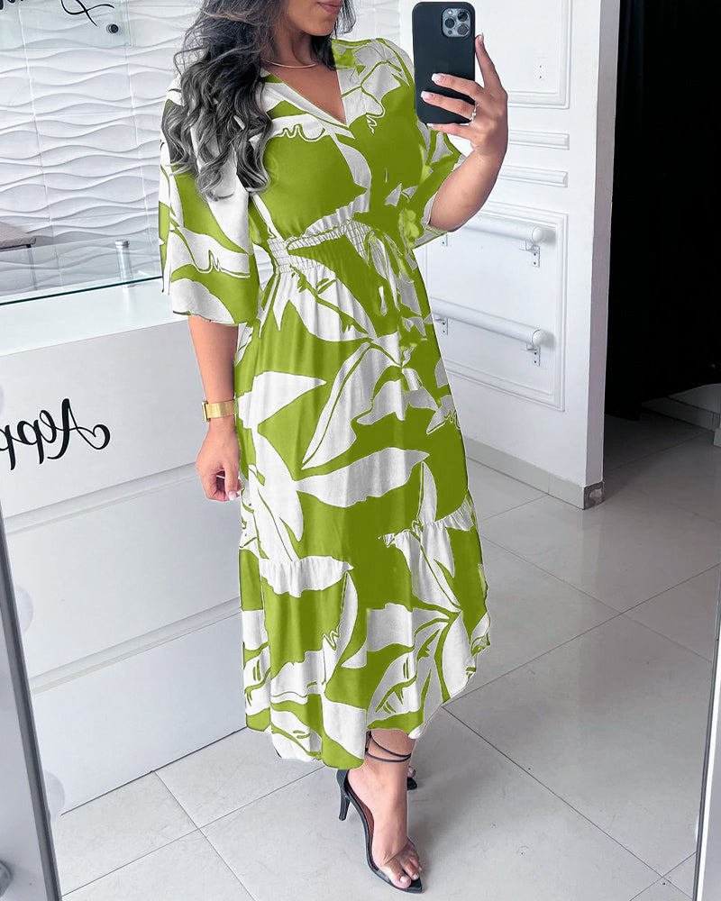 Elegantes V-Ausschnitt Kleid mit Dreiviertelärmeln und Kordelzug