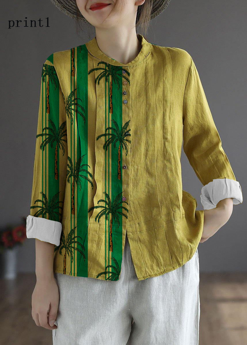 Damen Gelb Elegantes Knopf Herbstoberteil Langarm Leinen