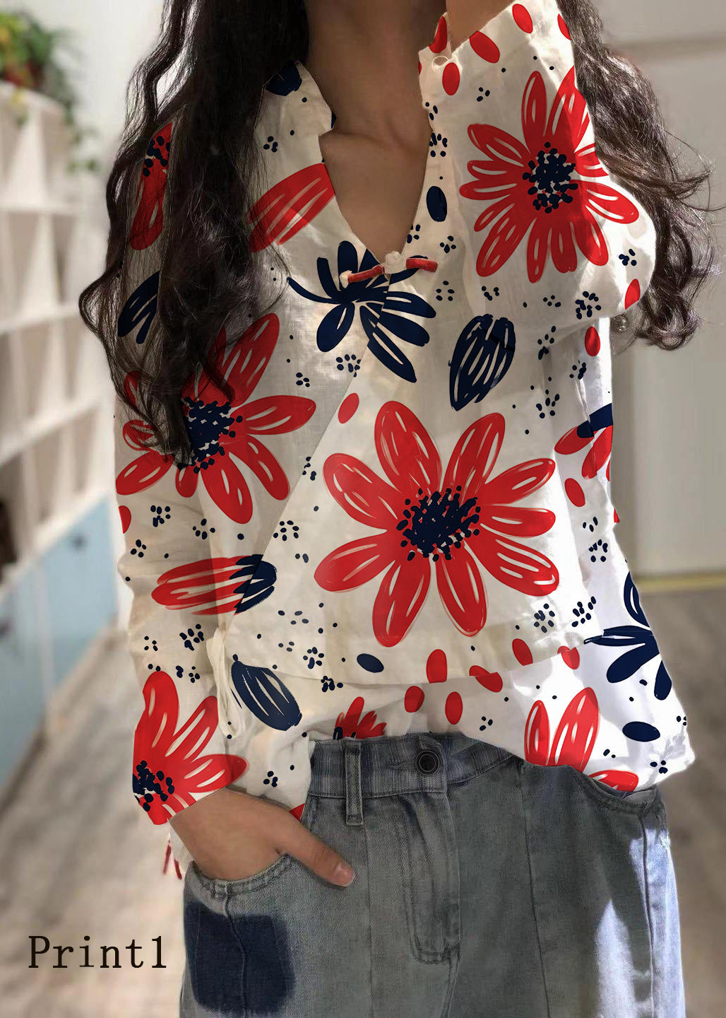 Bohemian weiße Leinenbluse V-Ausschnitt Herbstoberteil