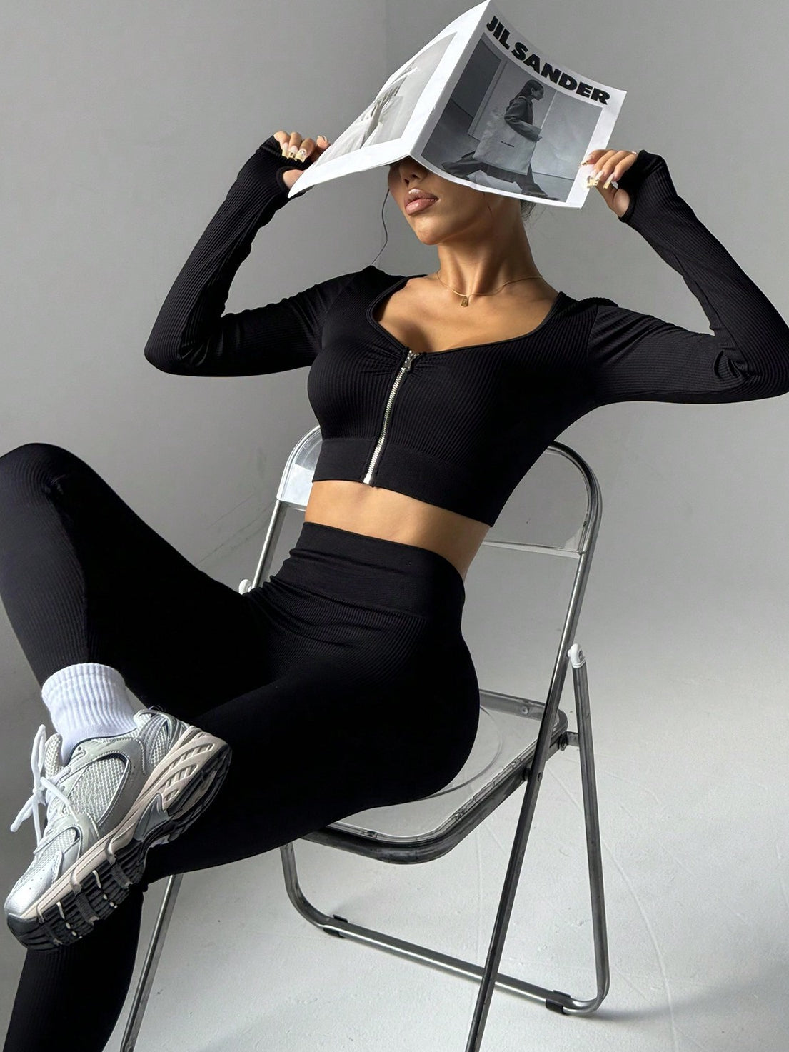 Damen Rippstrick-Zipper Einfarbiger Trainingsanzug