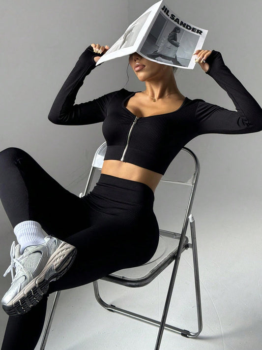 Damen Rippstrick-Zipper Einfarbiger Trainingsanzug