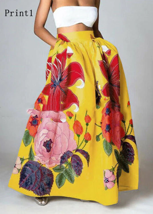Bohemian Gelbe Hohe Taille Taschen Blumenmuster Baumwolle A-Linie Rock Sommer