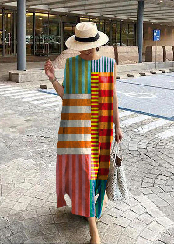 Bohemian O-Hals Seitlich Offenes Leinen Baumwollkleid Khaki