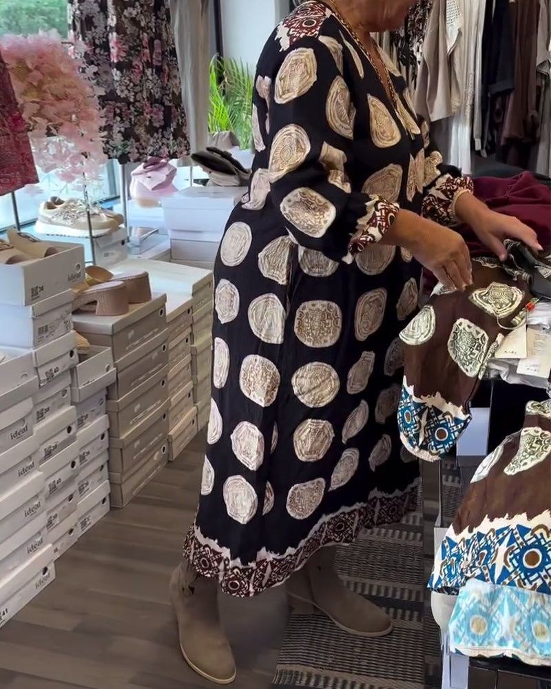 Langarm V-Ausschnitt Kleid mit Druck