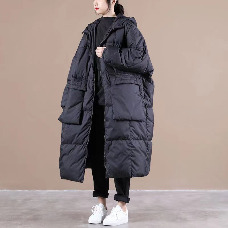 Plus Size Grüner Kapuzenjacke mit Reißverschlusstaschen Winter Daunenmantel Langarm