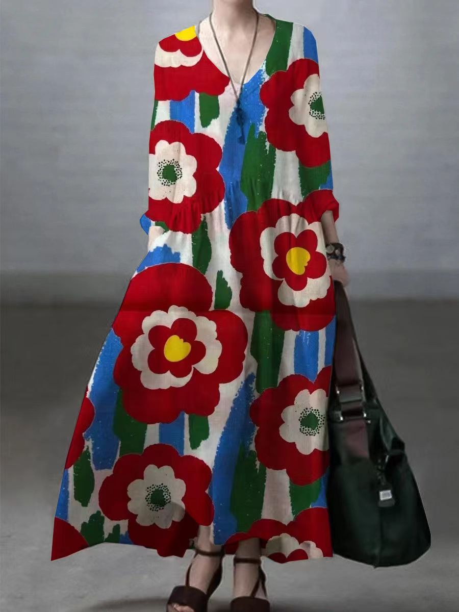 Einfaches und lockeres V-Ausschnitt Kleid aus Baumwolle und Leinen