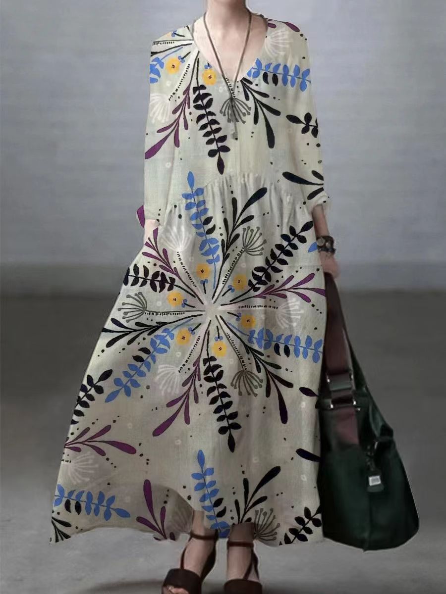 Einfaches und lockeres V-Ausschnitt Kleid aus Baumwolle und Leinen