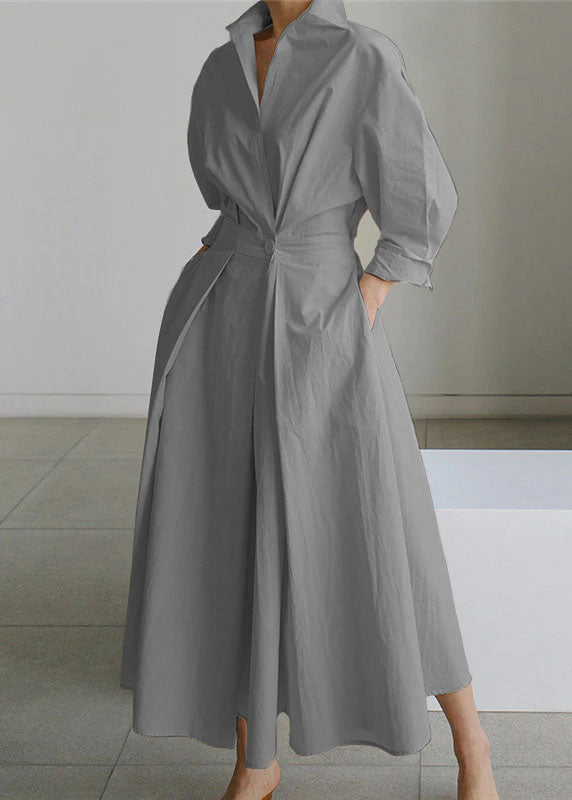 2025 Beiger Peter Pan Kragen Taschen Baumwollkleid Langarm