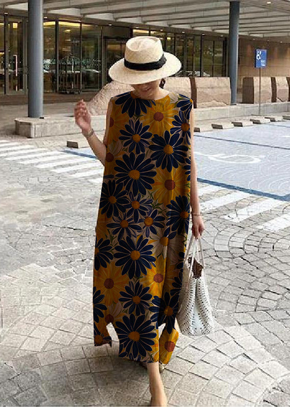 Bohemian O-Hals Seitlich Offenes Leinen Baumwollkleid Khaki