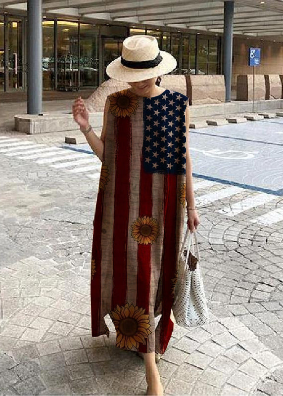 Bohemian O-Hals Seitlich Offenes Leinen Baumwollkleid Khaki