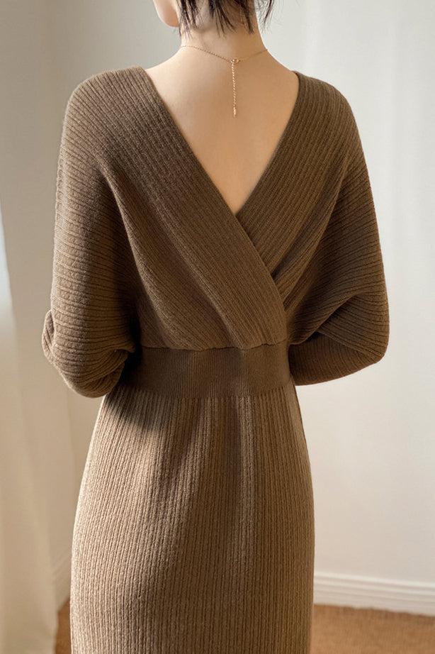 Surplice Neck Voluminöses Langstrickkleid - 2 Farben verfügbar