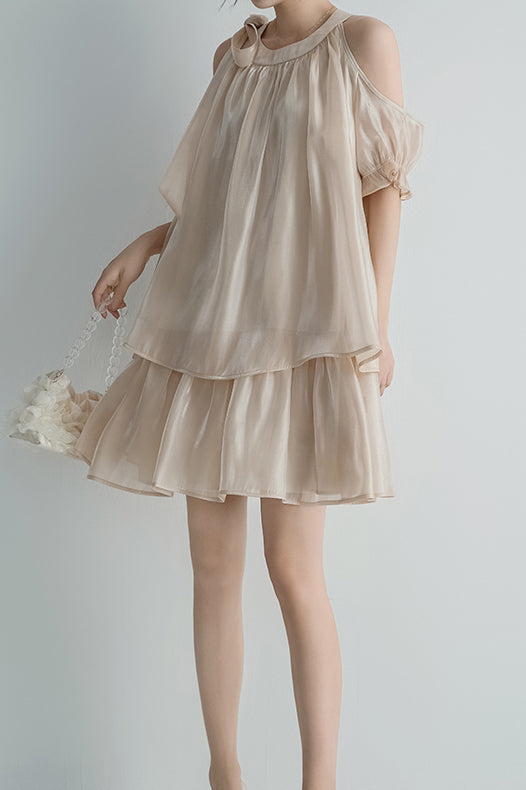 [Restock] Bandkragen Schulterfreies Stufenkleid mit Futter