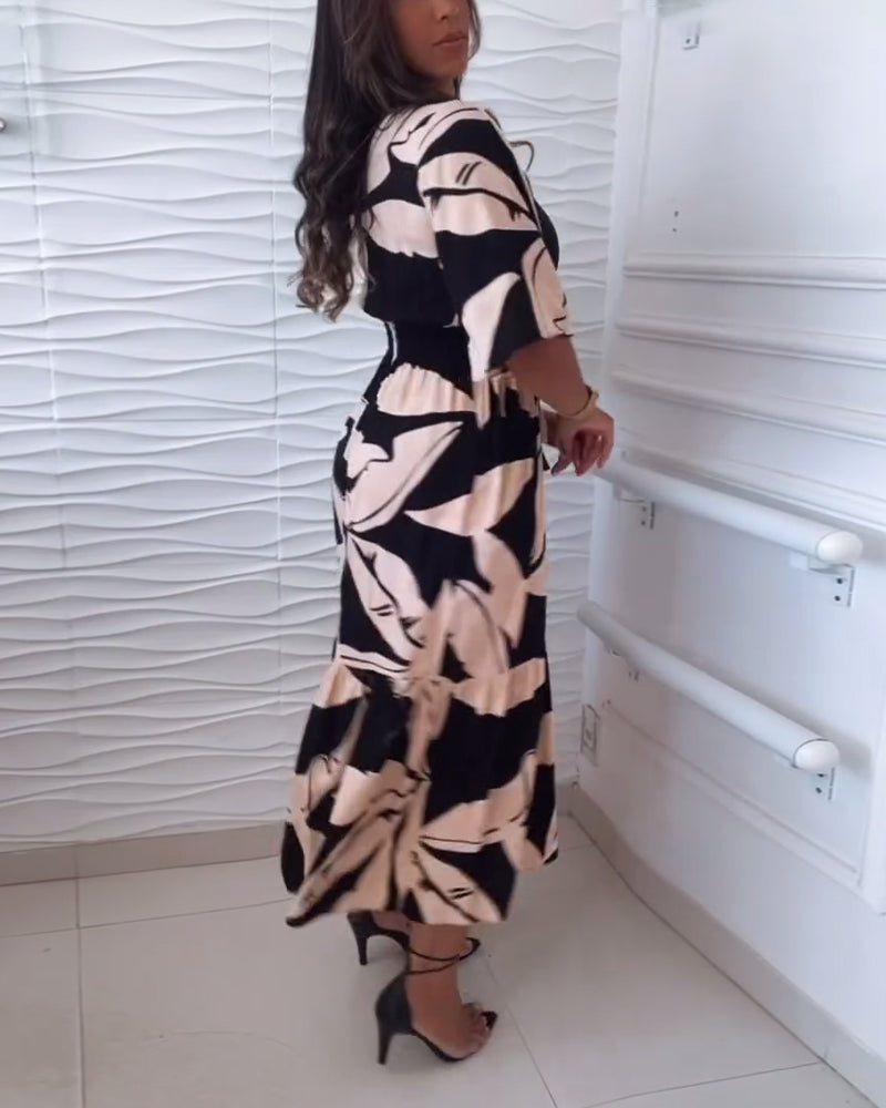 Elegantes V-Ausschnitt Kleid mit Dreiviertelärmeln und Kordelzug