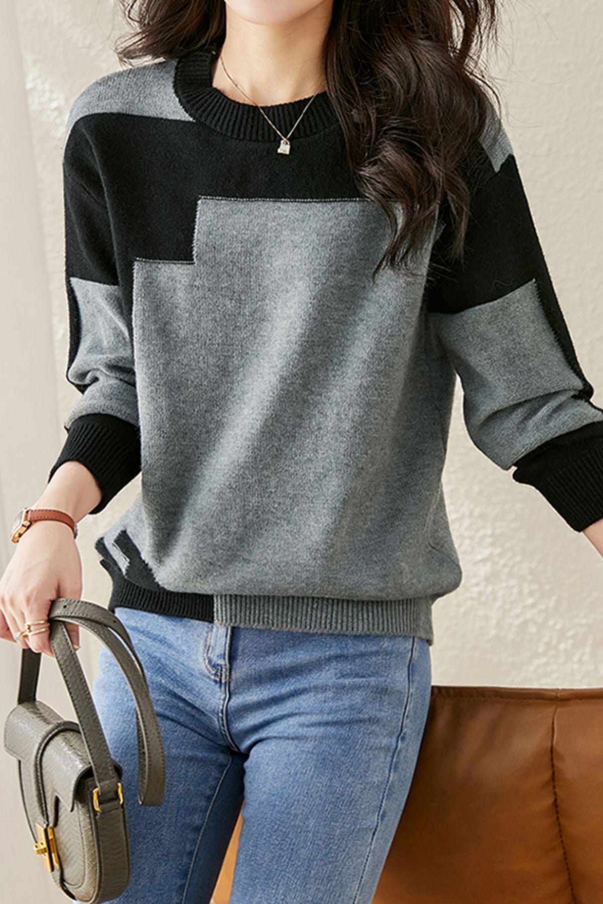 Lässiger bequemer zweifarbiger Rundhals-Strickpullover