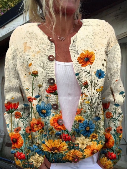 Vintage-Blumen-Kunstdruck Knopf-Cardigan Pullover