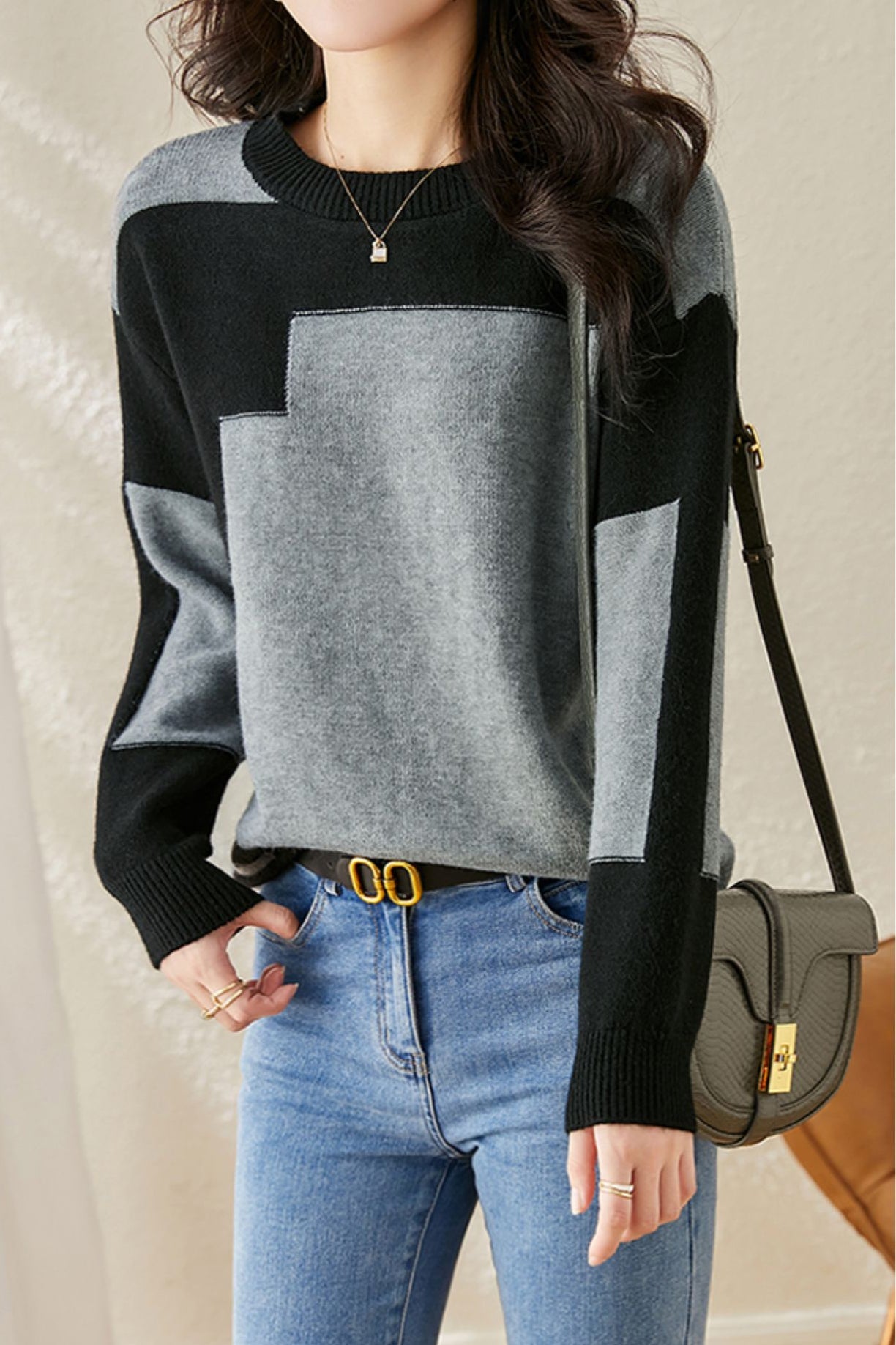 Lässiger bequemer zweifarbiger Rundhals-Strickpullover