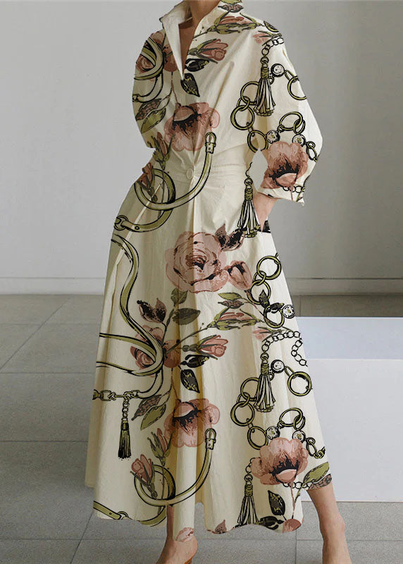 2025 Beiger Peter Pan Kragen Taschen Baumwollkleid Langarm