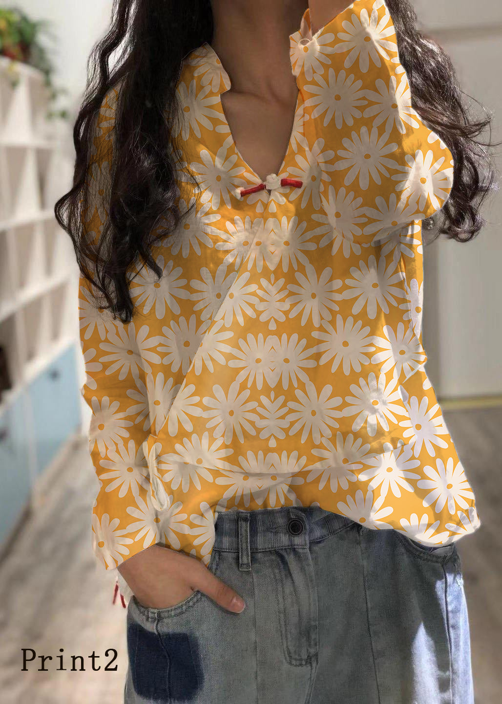 Bohemian weiße Leinenbluse V-Ausschnitt Herbstoberteil