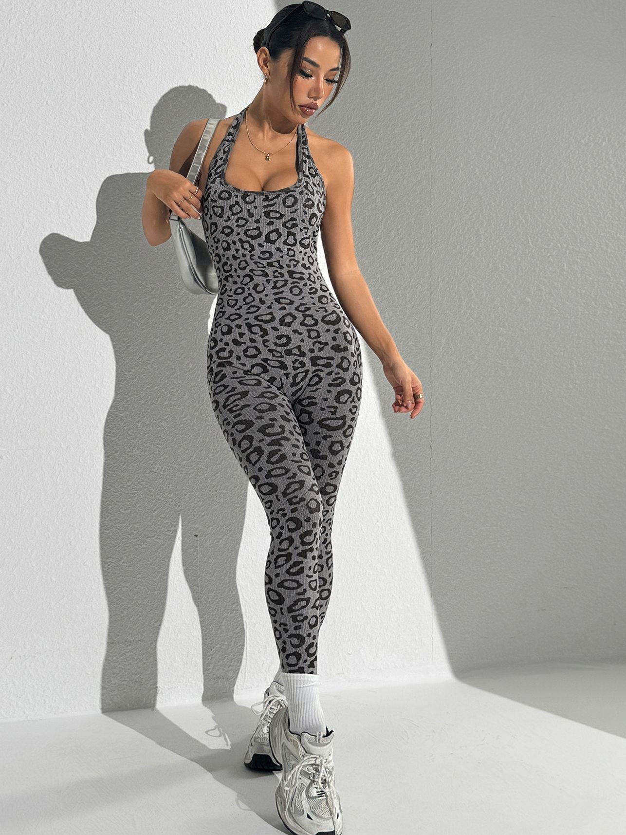 Damen Sexy Mode Leopardenmuster Hollow Out Rückenfreies Jumpsuit