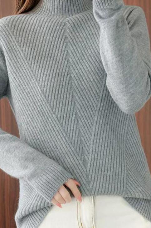 Halb-Hochkragen Diagonal Geripptes Stricktop