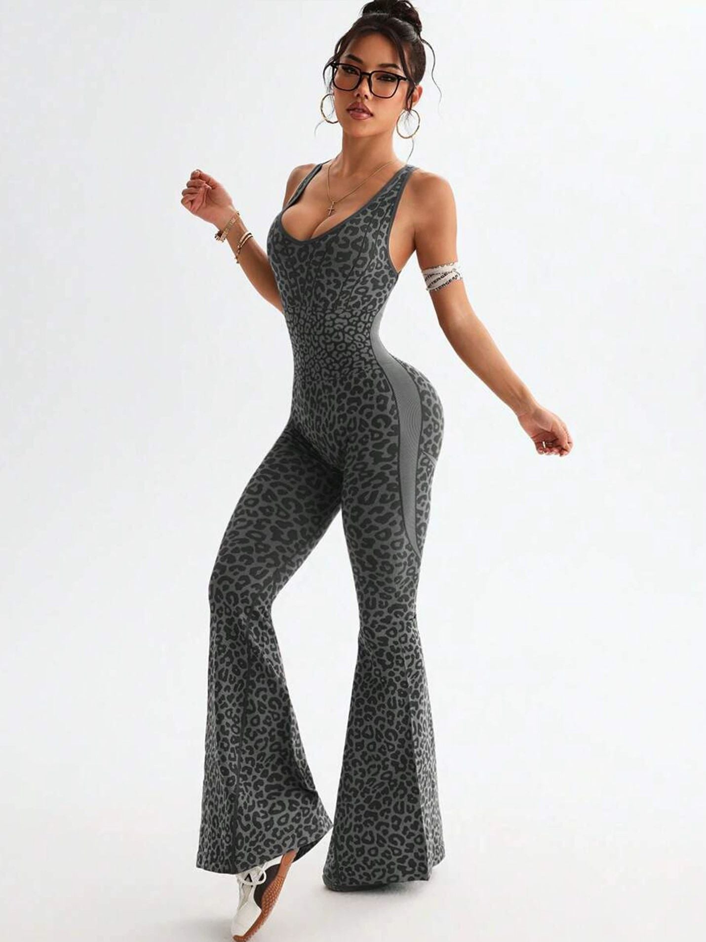 Damen Sexy Leopardenmuster Hollow Out Kreuz Rücken Tiefer V Rücken Jumpsuit
