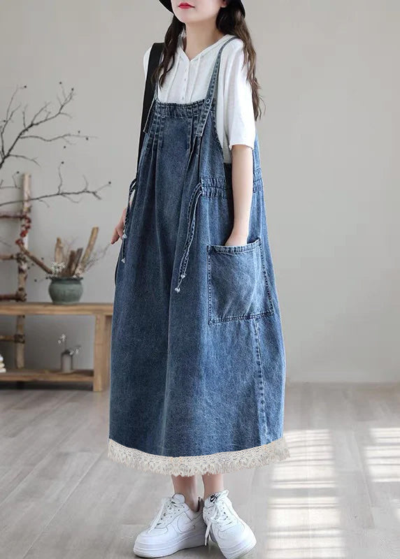 Große Größen Blau Drawstring Tasche Spaghetti-Träger Baumwoll-Denim Kleid Frühling