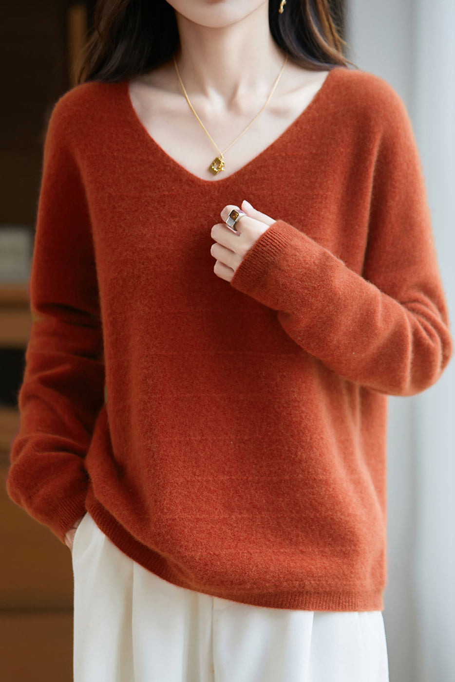 Minimalistischer V-Ausschnitt Langarm-Pullover Strickoberteil