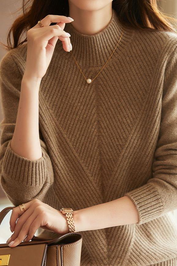 Halb-Hochkragen Diagonal Geripptes Stricktop