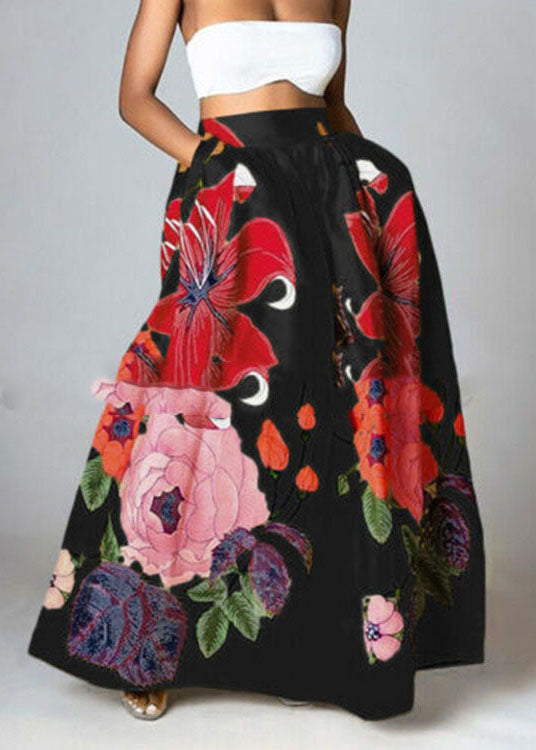 Bohemian Gelbe Hohe Taille Taschen Blumenmuster Baumwolle A-Linie Rock Sommer