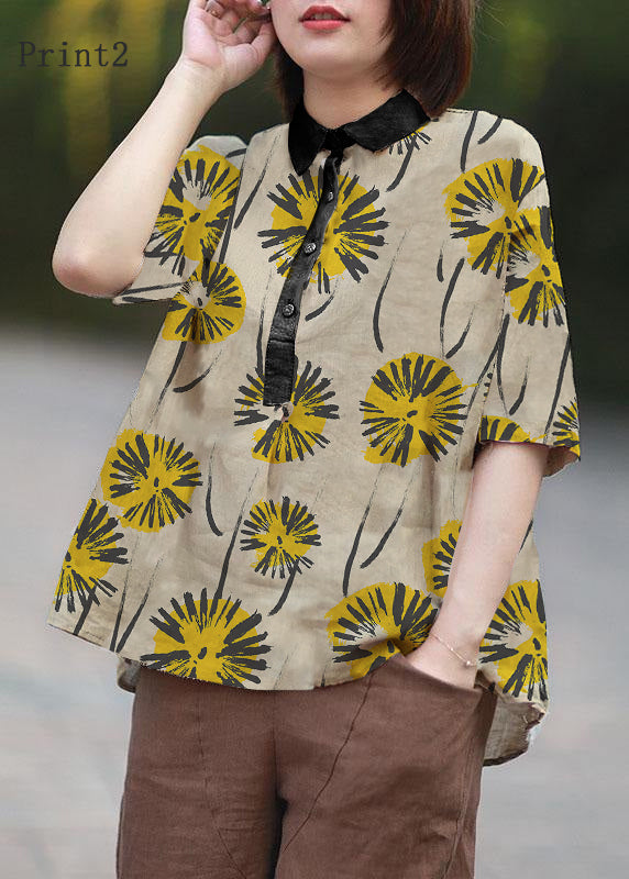 Vintage Beige Peter Pan Kragen Druck Sommer Leinen Blusen Halbarm