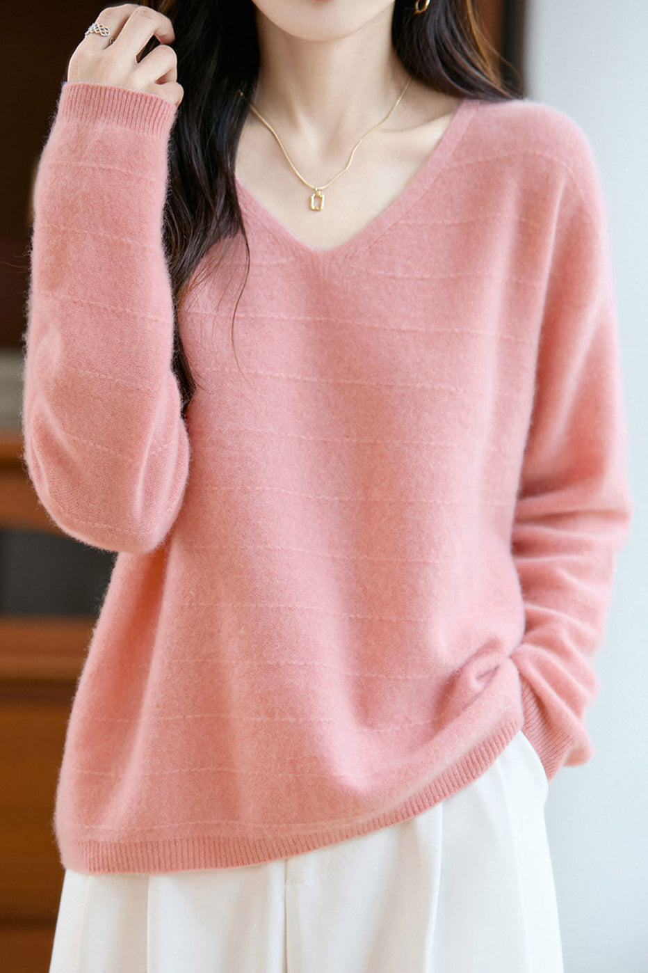 Minimalistischer V-Ausschnitt Langarm-Pullover Strickoberteil