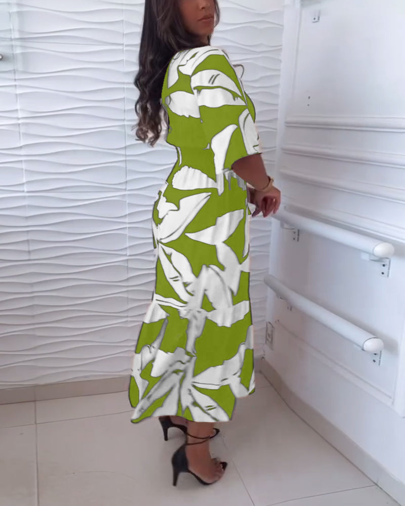 Elegantes V-Ausschnitt Kleid mit Dreiviertelärmeln und Kordelzug