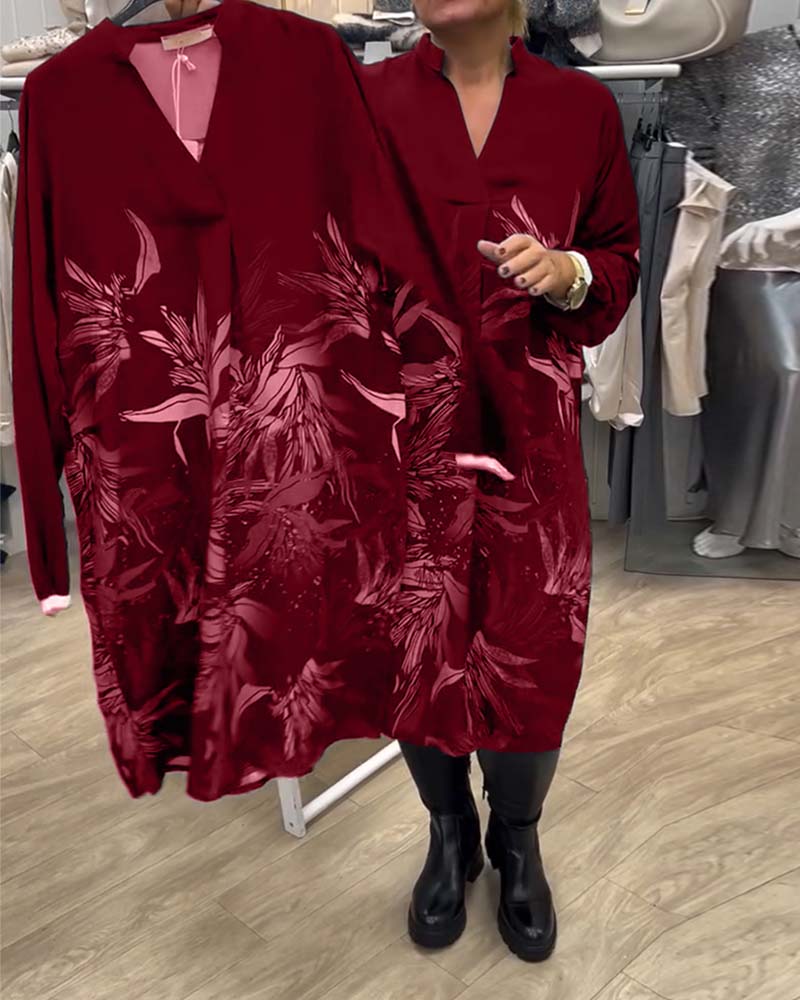 Kleid mit V-Ausschnitt, bedruckt mit Blättern, lange Ärmel