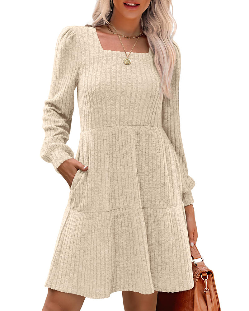 🍂Neue Herbstkollektion 2025⏰ Damenkleid mit Quadrat-Ausschnitt, Lanternenärmeln und Rippstruktur