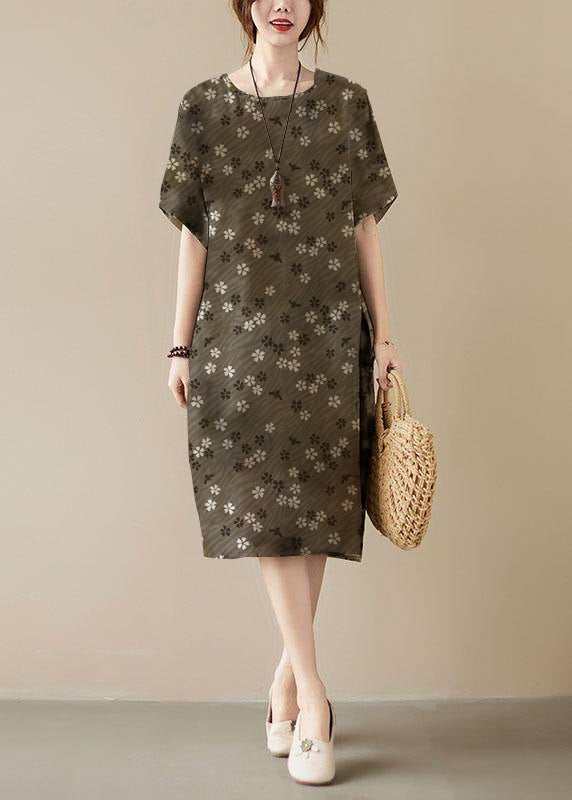 Elegante Khaki Druck O-Ausschnitt Taschen Sommer Maxi Kleider Halbarm