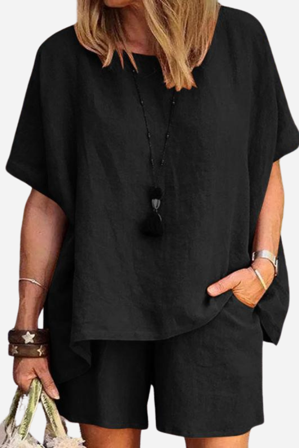 Bequemes Leinenähnliches Shirt & Shorts Zweiteiliges Set