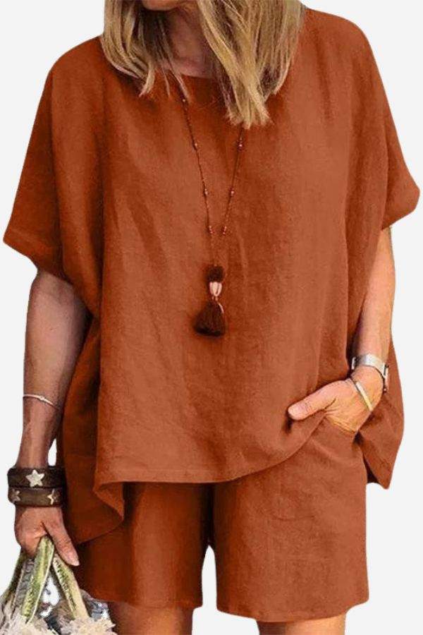 Bequemes Leinenähnliches Shirt & Shorts Zweiteiliges Set