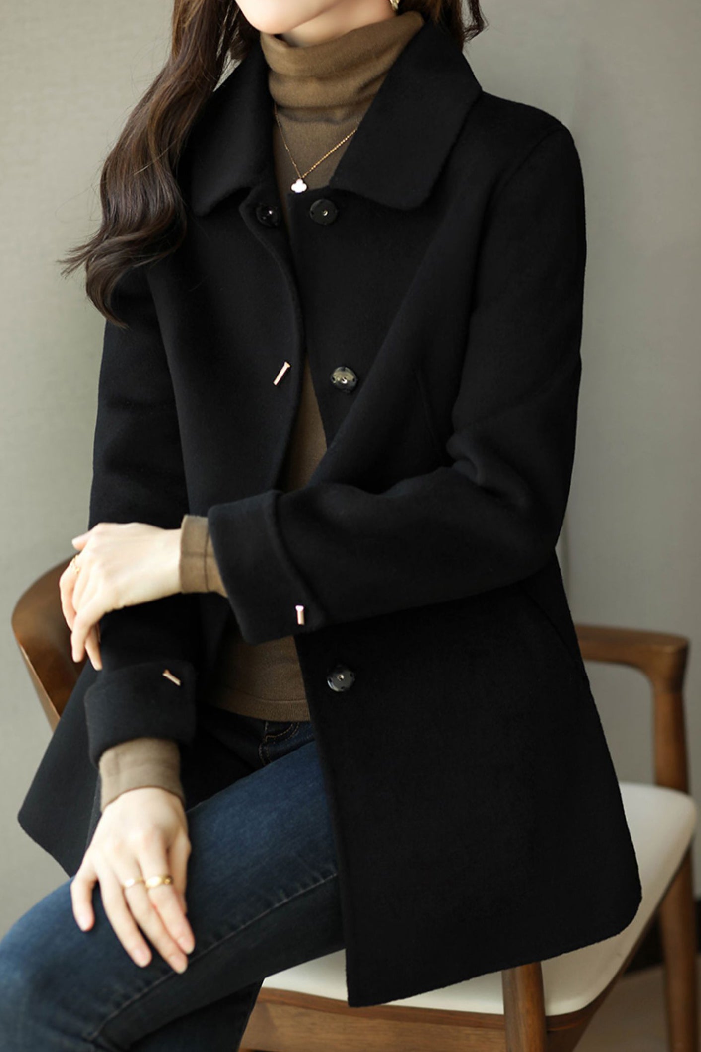 Stehkragen Melton Mantel mit umgeschlagenen Ärmeln und Futter