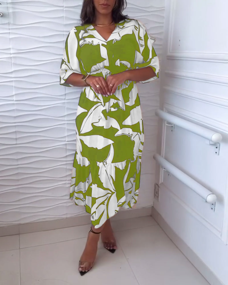 Elegantes V-Ausschnitt Kleid mit Dreiviertelärmeln und Kordelzug