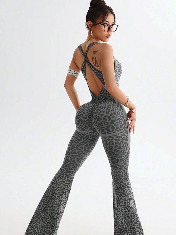 Damen Sexy Leopardenmuster Hollow Out Kreuz Rücken Tiefer V Rücken Jumpsuit