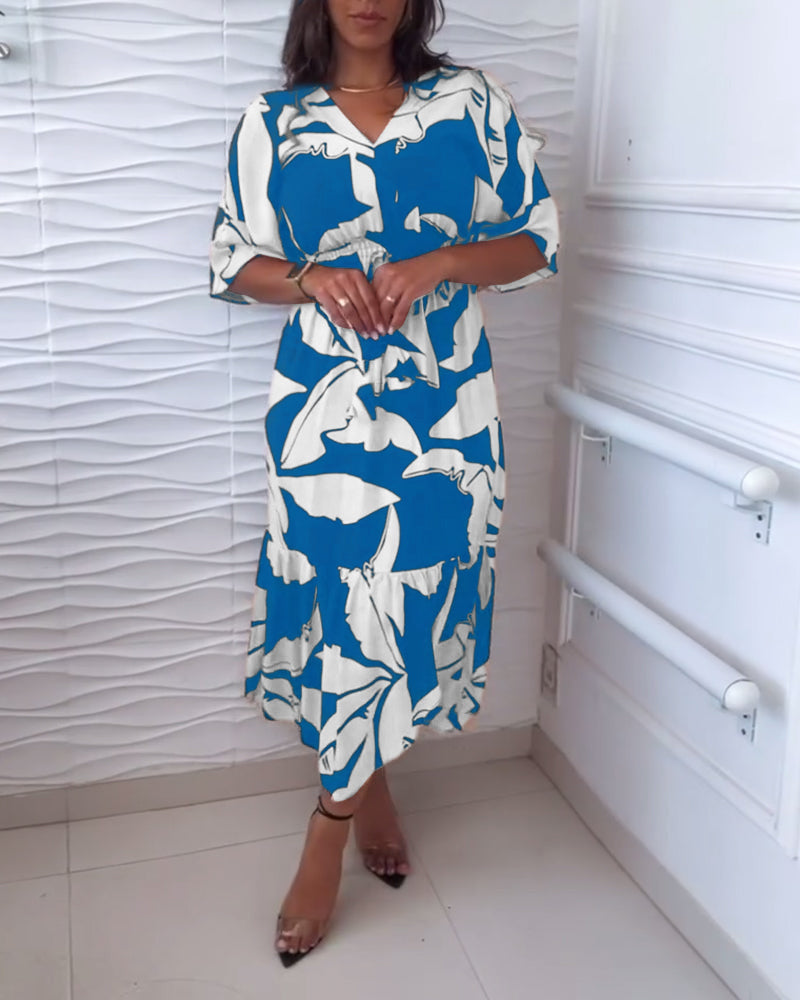 Elegantes V-Ausschnitt Kleid mit Dreiviertelärmeln und Kordelzug