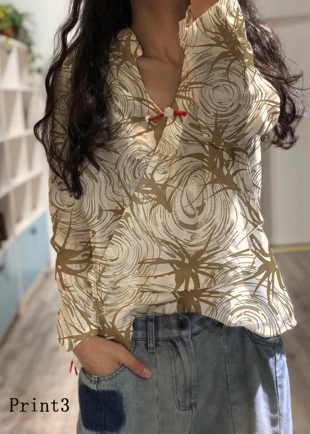 Bohemian weiße Leinenbluse V-Ausschnitt Herbstoberteil