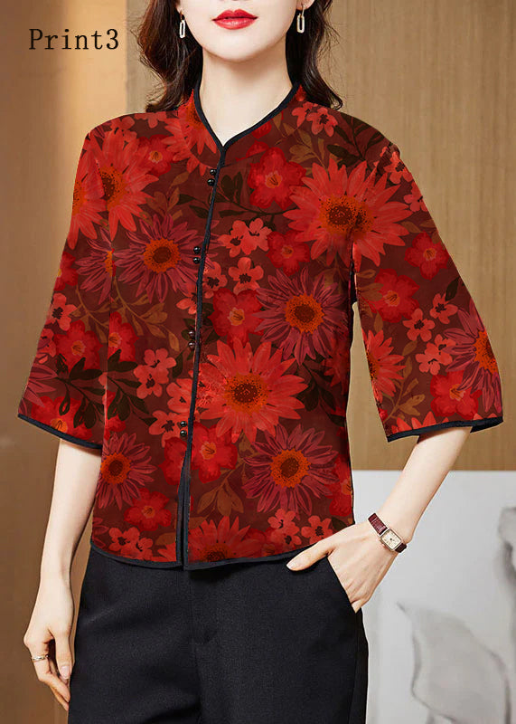 Vintage Rote Mandarin-Kragen Druck Seidenbluse Halbärmel