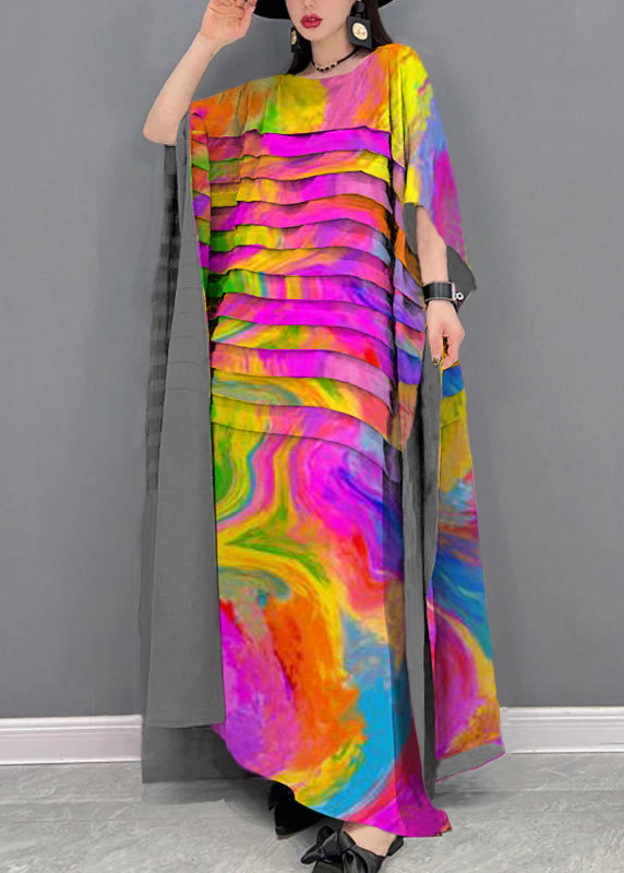 Grace Green O-Hals Gestreiftes Chiffon Knöchellanges Kleid Fledermausärmel