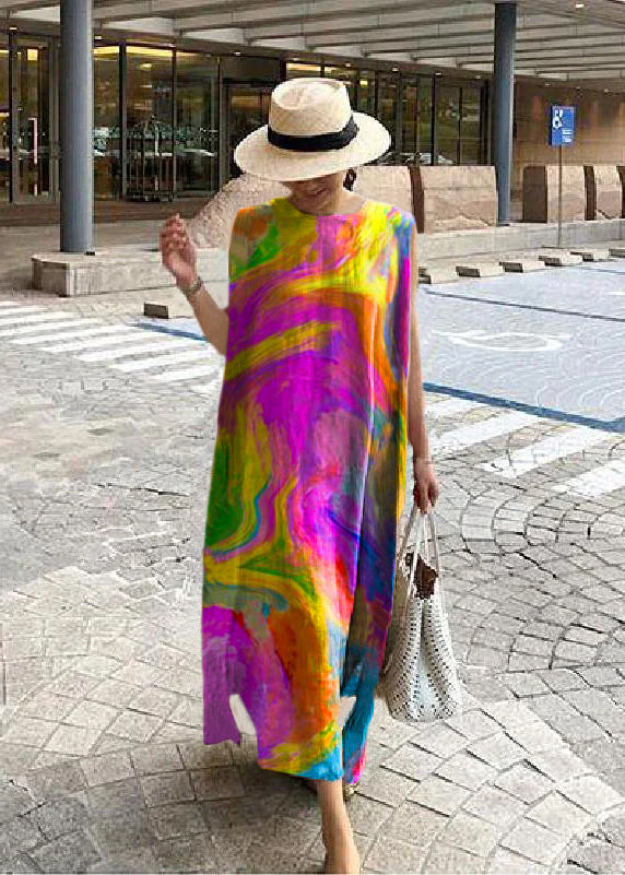 Bohemian O-Hals Seitlich Offenes Leinen Baumwollkleid Khaki