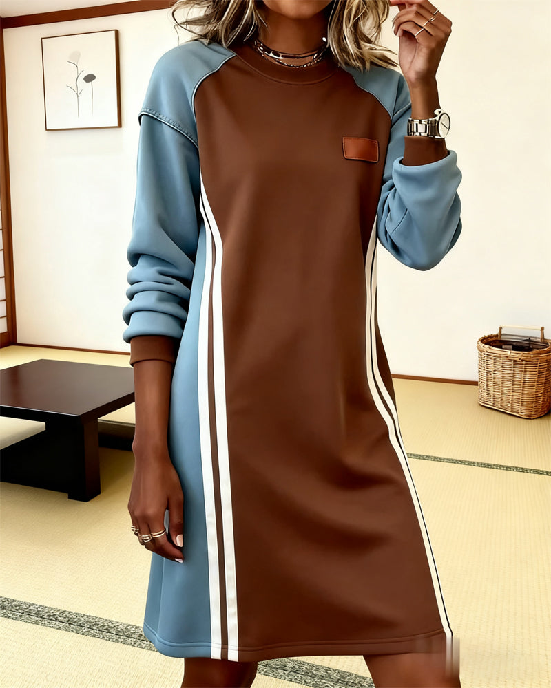Langarm Kleid mit Rundhalsausschnitt und Farbblock