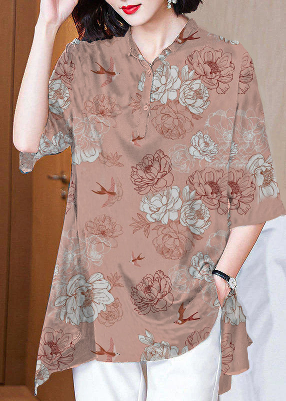 Italienisches Dunkelblaues Peter Pan Kragen Knopf Asymmetrischer Druck Seidenoberteile Frühling