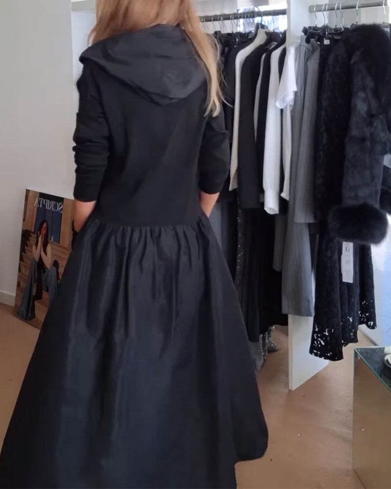 Lässiges Kapuzenkleid mit Reißverschluss und Patchwork-Taschen