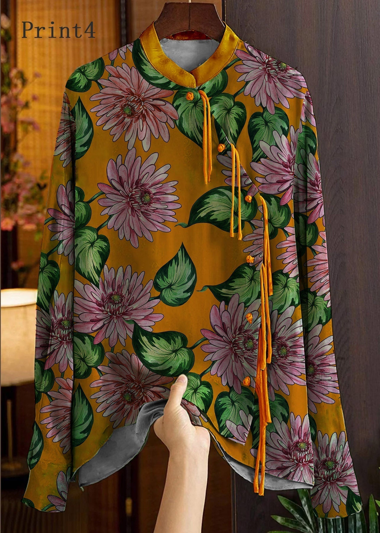 Schöne grüne Mandarin-Kragen Button-Print Seidenbluse Top Frühling