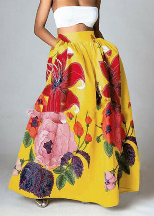 Bohemian Gelbe Hohe Taille Taschen Blumenmuster Baumwolle A-Linie Rock Sommer